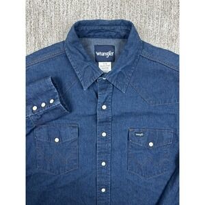 Wrangler Shirt Mens 17x33 XL Dark Wash Denim Long Sleeve Western Pearl Snap